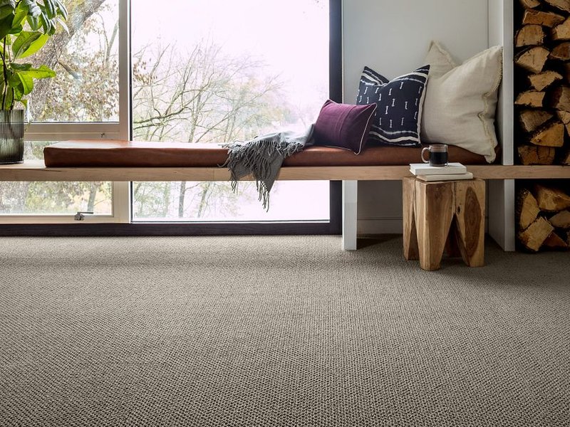 relaxing corner with a big window and gray carpet
